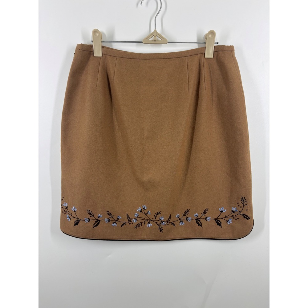 Ann Taylor Camel Brown Blue Wool Blend Embroidered Floral Mini Skirt 8